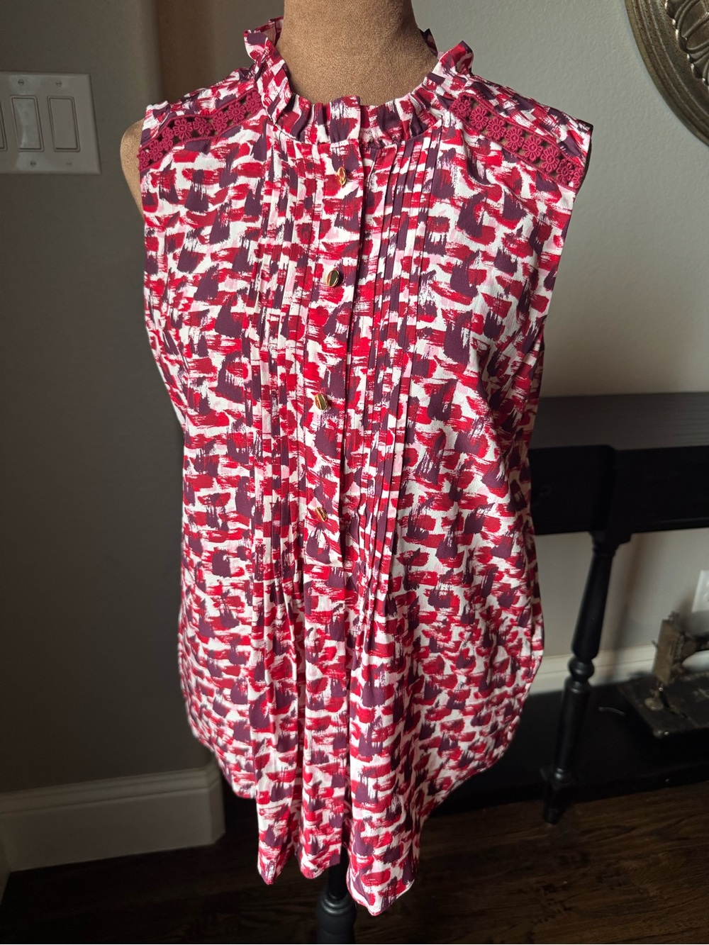 Kate Spade NWOT Silk Abstract Brushstroke Print Sleeveless Blouse Embroidery M